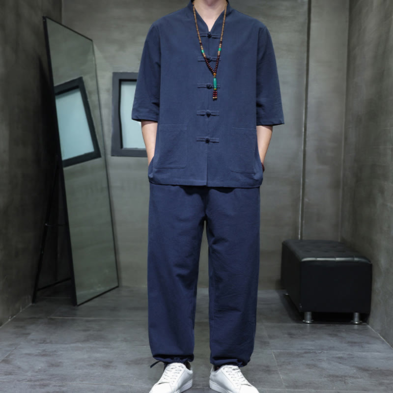 Buddha Stones 2点セット 唐装 カエルボタンデザイン シャツパンツ ポケット付き メンズ コットンリネン 瞑想用布セット - image 14