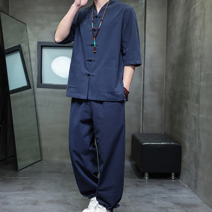 Buddha Stones 2点セット 唐装 カエルボタンデザイン シャツパンツ ポケット付き メンズ コットンリネン 瞑想用布セット - image 17