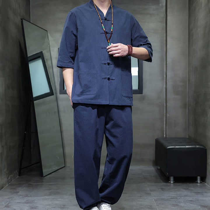 Buddha Stones 2点セット 唐装 カエルボタンデザイン シャツパンツ ポケット付き メンズ コットンリネン 瞑想用布セット - image 15