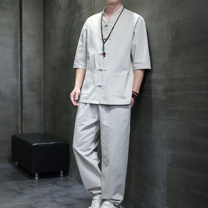 Buddha Stones 2点セット 唐装 カエルボタンデザイン シャツパンツ ポケット付き メンズ コットンリネン 瞑想用布セット - 雪 - US/UK/AU46、 EU56 (5XL) - image 21