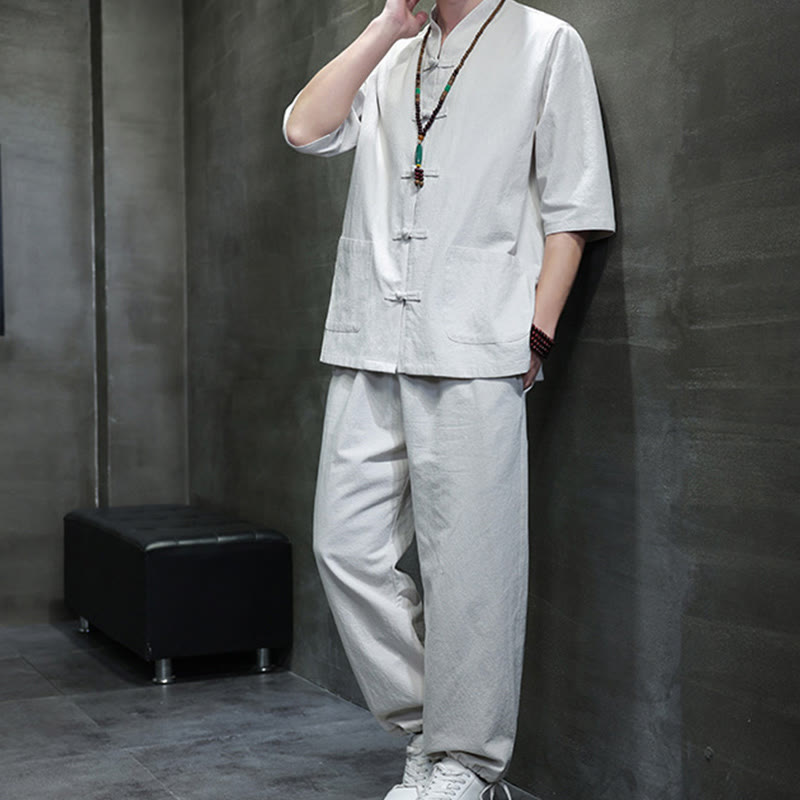 Buddha Stones 2点セット 唐装 カエルボタンデザイン シャツパンツ ポケット付き メンズ コットンリネン 瞑想用布セット - image 25