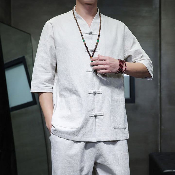 Buddha Stones 2点セット 唐装 カエルボタンデザイン シャツパンツ ポケット付き メンズ コットンリネン 瞑想用布セット - image 26