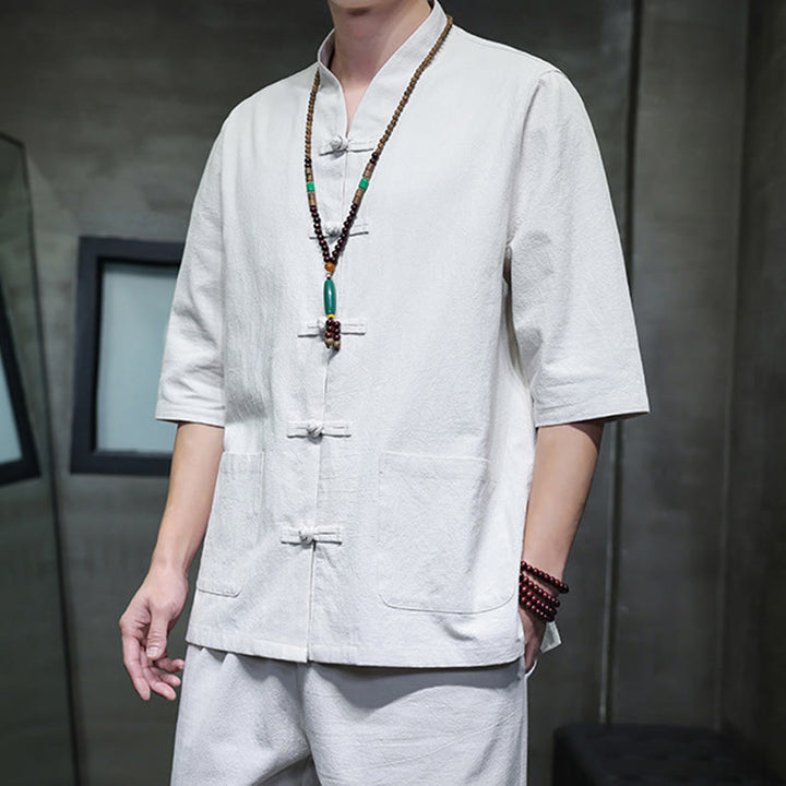 Buddha Stones 2点セット 唐装 カエルボタンデザイン シャツパンツ ポケット付き メンズ コットンリネン 瞑想用布セット - image 27