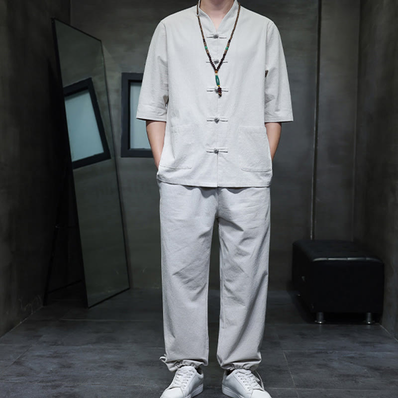 Buddha Stones 2点セット 唐装 カエルボタンデザイン シャツパンツ ポケット付き メンズ コットンリネン 瞑想用布セット - image 23