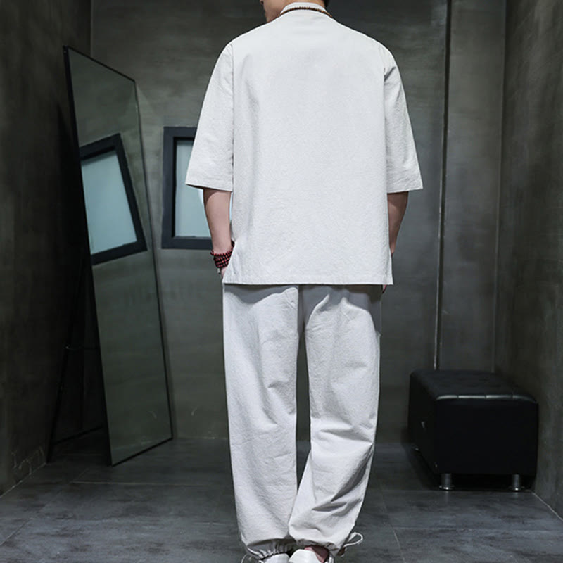 Buddha Stones 2点セット 唐装 カエルボタンデザイン シャツパンツ ポケット付き メンズ コットンリネン 瞑想用布セット - image 22