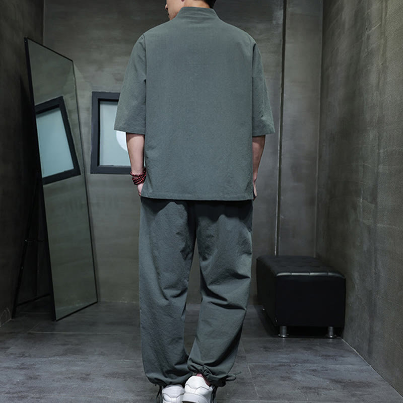 Buddha Stones 2点セット 唐装 カエルボタンデザイン シャツパンツ ポケット付き メンズ コットンリネン 瞑想用布セット - image 2