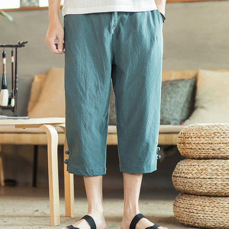 Buddha Stones鶴 刺繍 コットン メンズ クロップド ハーレムパンツ ポケット付き
