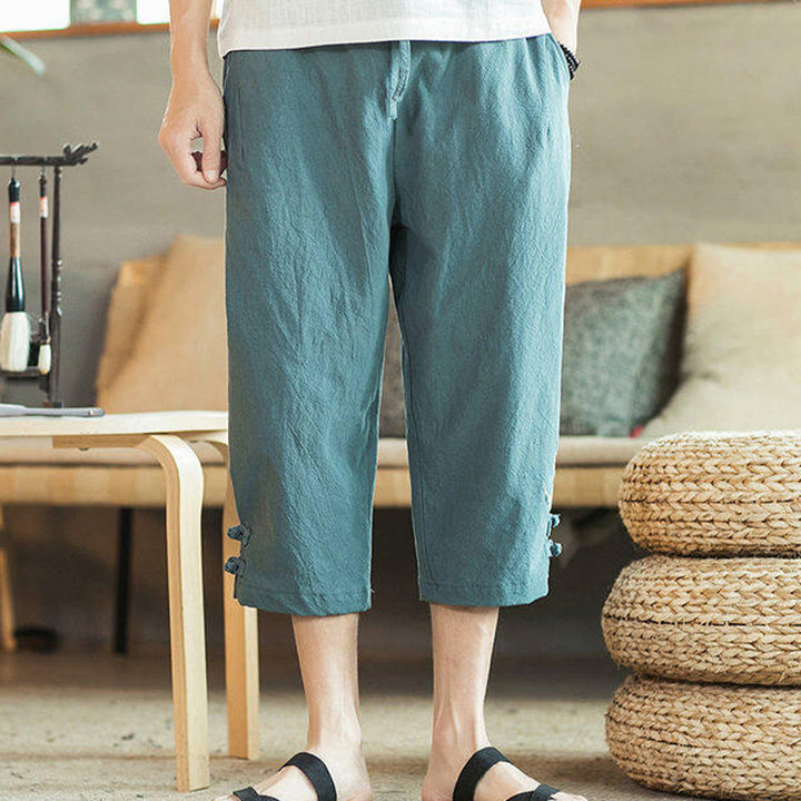 Buddha Stones鶴 刺繍 コットン メンズ クロップド ハーレムパンツ ポケット付き