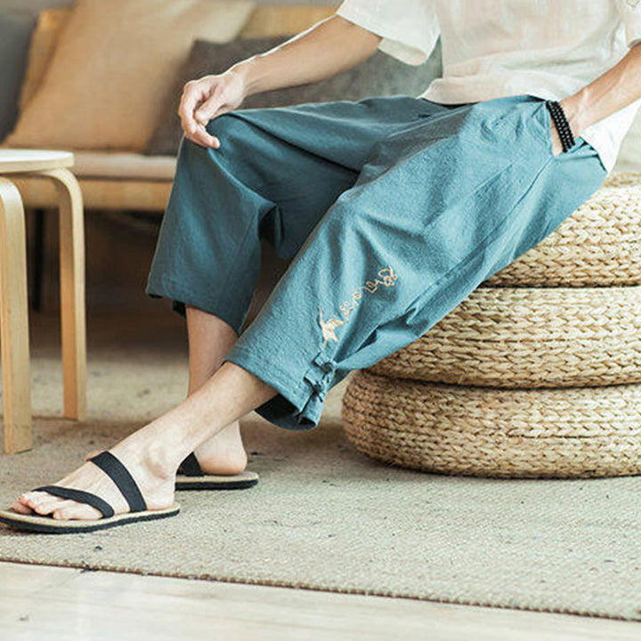 Buddha Stones鶴 刺繍 コットン メンズ クロップド ハーレムパンツ ポケット付き - image 9