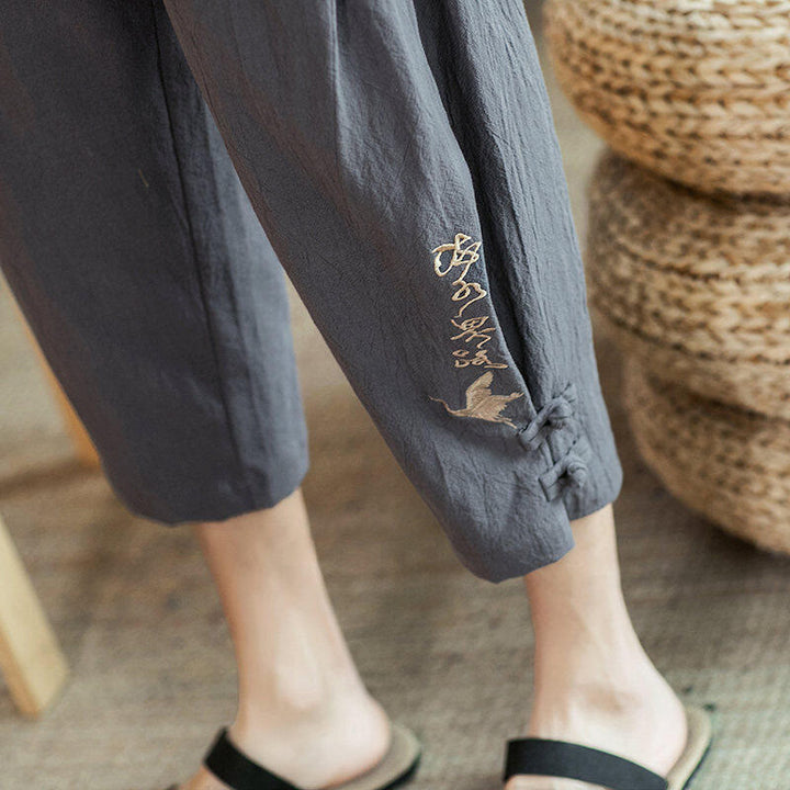 Buddha Stones鶴 刺繍 コットン メンズ クロップド ハーレムパンツ ポケット付き