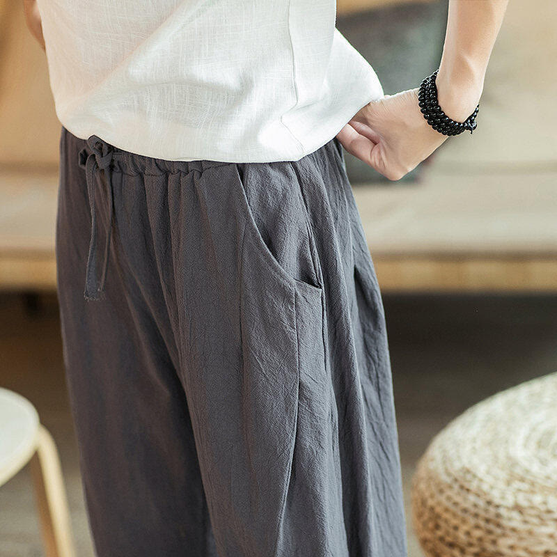 Buddha Stones鶴 刺繍 コットン メンズ クロップド ハーレムパンツ ポケット付き