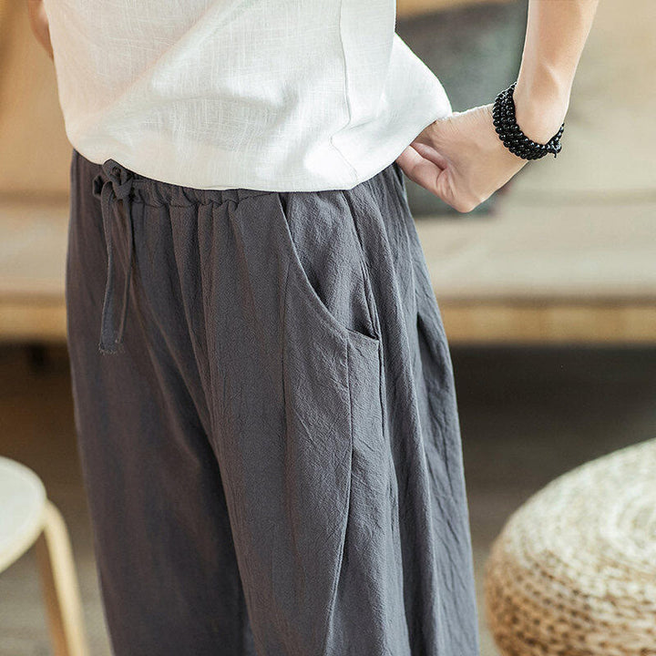 Buddha Stones鶴 刺繍 コットン メンズ クロップド ハーレムパンツ ポケット付き
