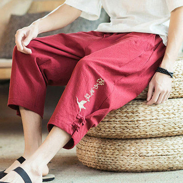 Buddha Stones鶴 刺繍 コットン メンズ クロップド ハーレムパンツ ポケット付き