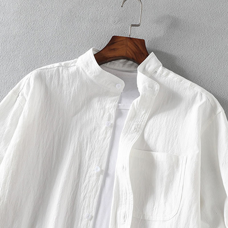 Buddha Stones夏用 無地 メンズ ボタン 半袖 コットンリネン シャツ - image 4