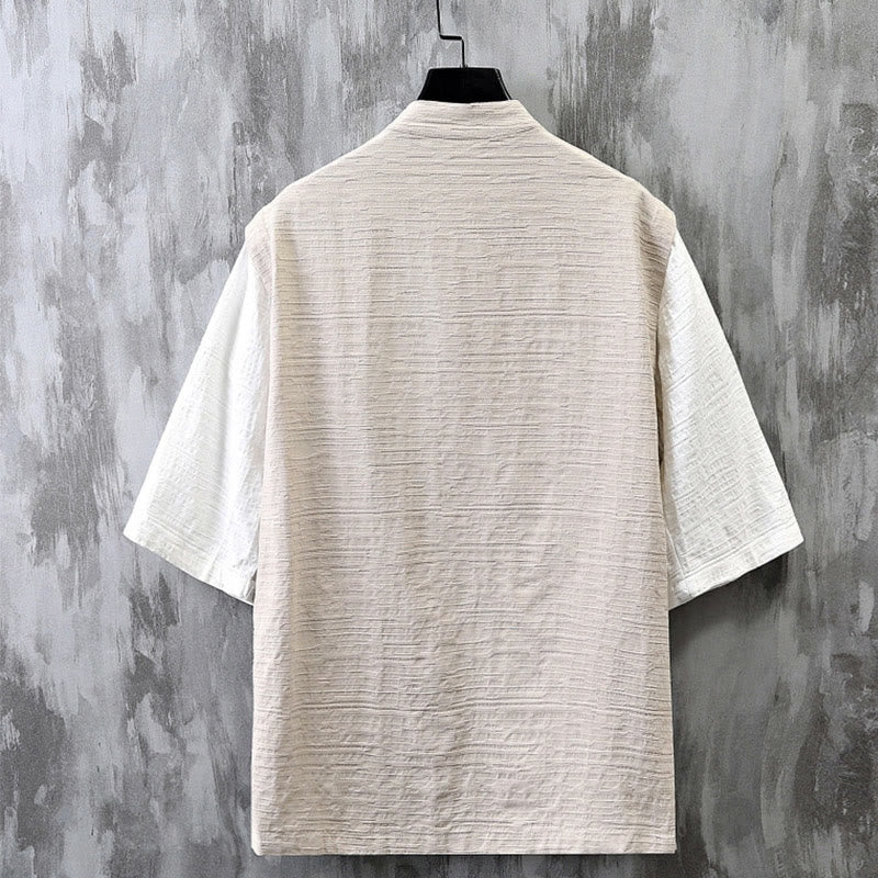 Buddha Stones夏 パッチワーク カラーデザイン メンズ 半袖 コットンリネン シャツ - image 1