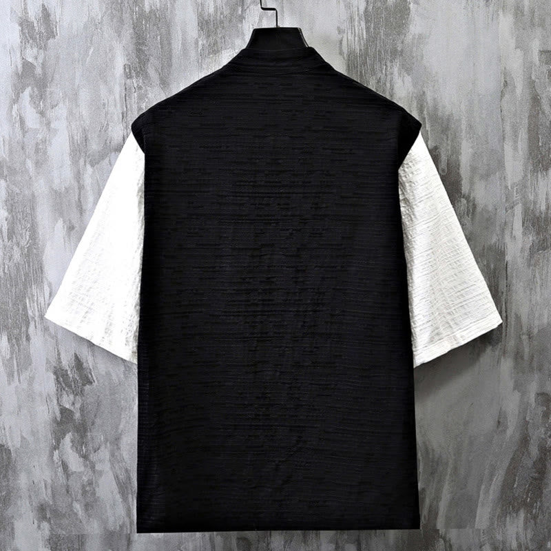 Buddha Stones夏 パッチワーク カラーデザイン メンズ 半袖 コットンリネン シャツ - image 3