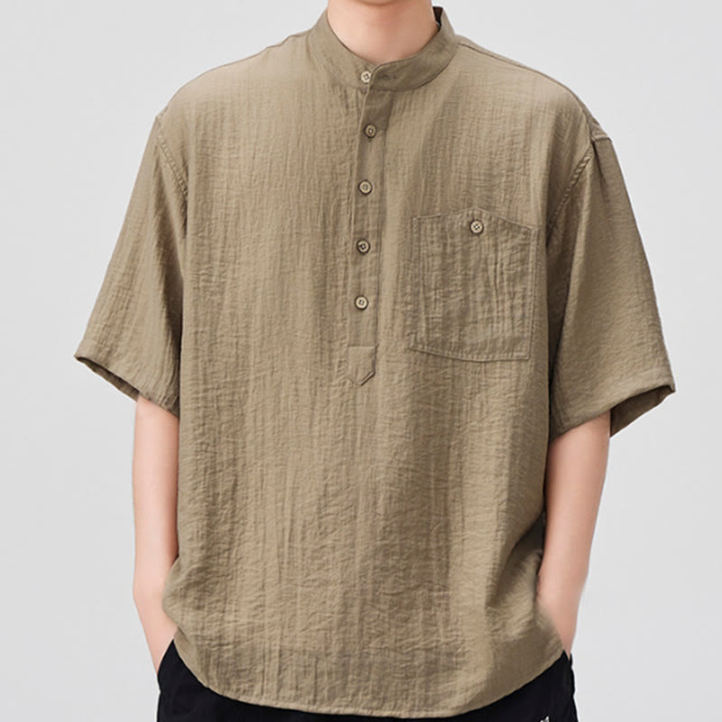Buddha Stones夏 無地 ハーフボタンデザイン メンズ 半袖シャツ - タン - US/UK/AU44、 EU54 (4XL) - image 7