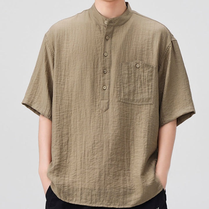 Buddha Stones夏 無地 ハーフボタンデザイン メンズ 半袖シャツ - タン - US/UK/AU44、 EU54 (4XL) - image 7