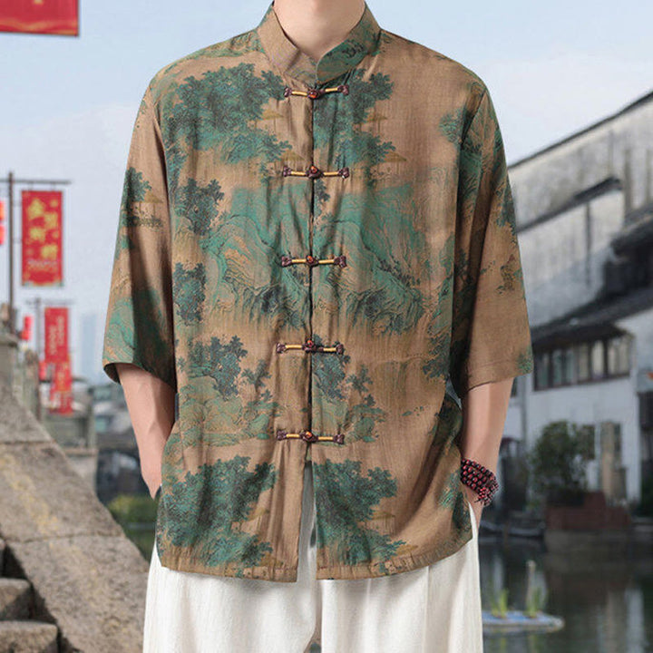 Buddha Stones、龍、吉兆の雲、緑の山々、中国のカエルボタンのメンズ半袖コットンリネンシャツ