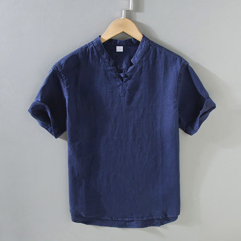 Buddha Stonesサマーソリッドデザイン メンズ 半袖リネンシャツ - スチールブルー - US/UK/AU42、 EU52 (3XL) - image 0