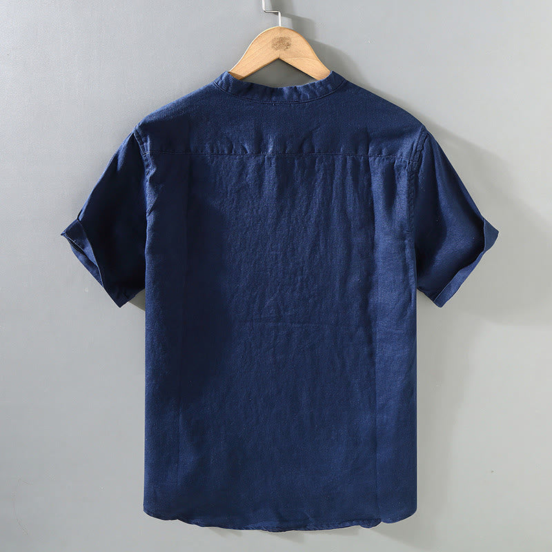 Buddha Stonesサマーソリッドデザイン メンズ 半袖リネンシャツ - image 1