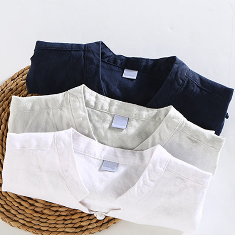 Buddha Stonesサマーソリッドデザイン メンズ 半袖リネンシャツ - image 12