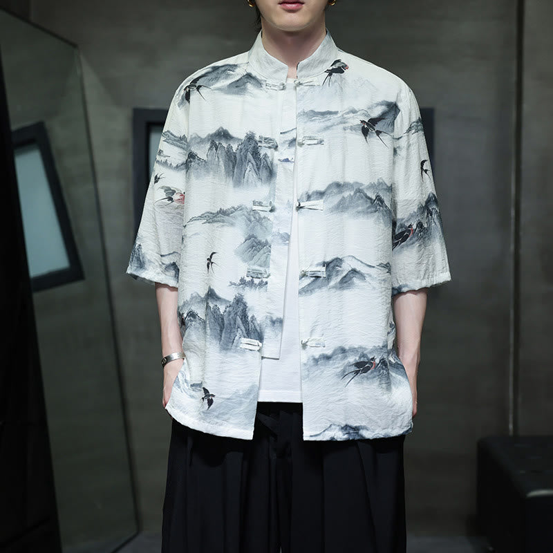 Buddha Stones水墨画 山 中国風 カエルボタン 唐装 メンズ 半袖 コットン リネン シャツ - 白 - US/UK/AU46、 EU56 (5XL) - image 0