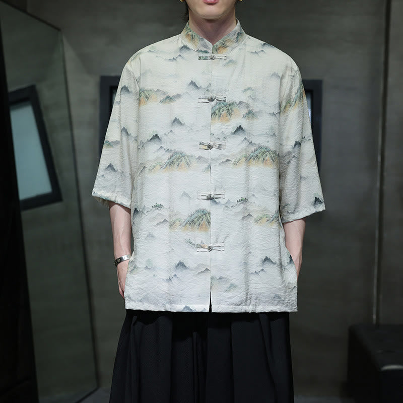 Buddha Stones水墨画 山 中国風 カエルボタン 唐装 メンズ 半袖 コットン リネン シャツ - リネン - US/UK/AU46、 EU56 (5XL) - image 13