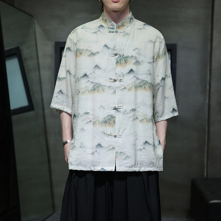 Buddha Stones水墨画 山 中国風 カエルボタン 唐装 メンズ 半袖 コットン リネン シャツ - リネン - US/UK/AU46、 EU56 (5XL) - image 13
