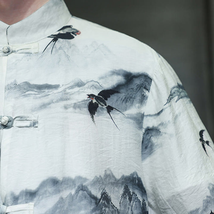 Buddha Stones水墨画 山 中国風 カエルボタン 唐装 メンズ 半袖 コットン リネン シャツ - image 11