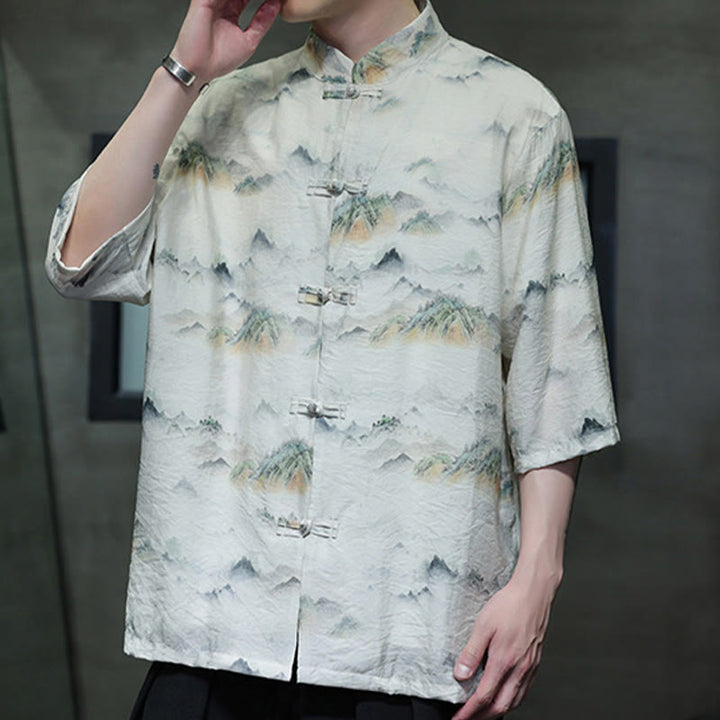 Buddha Stones水墨画 山 中国風 カエルボタン 唐装 メンズ 半袖 コットン リネン シャツ - image 18