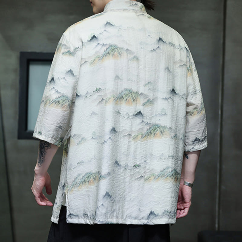 Buddha Stones水墨画 山 中国風 カエルボタン 唐装 メンズ 半袖 コットン リネン シャツ - image 14