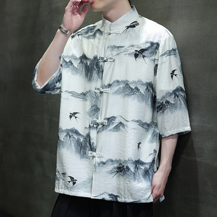 Buddha Stones水墨画 山 中国風 カエルボタン 唐装 メンズ 半袖 コットン リネン シャツ - image 6