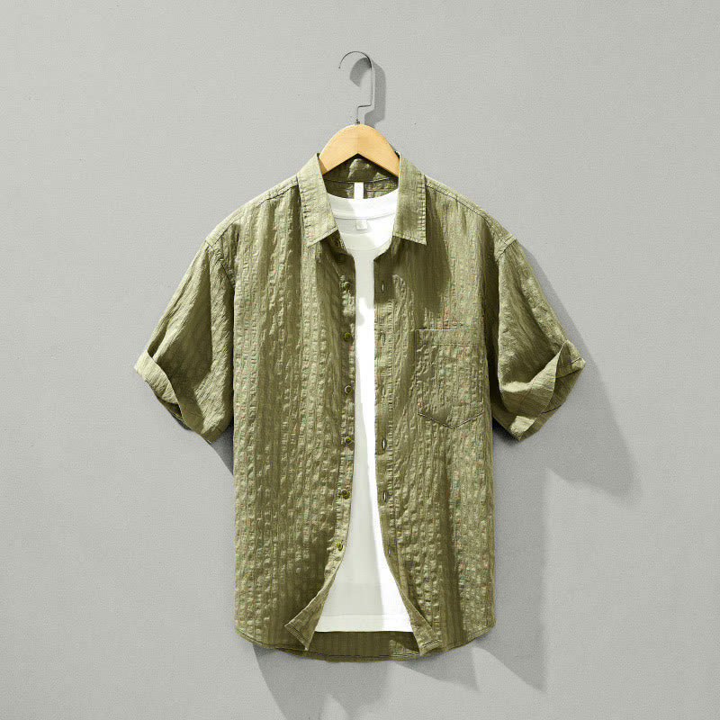 Buddha Stones夏用 無地 通気性 メンズ ボタン 半袖 テンセルシャツ - ダークカーキ - US/UK/AU42、 EU52 (3XL) - image 0