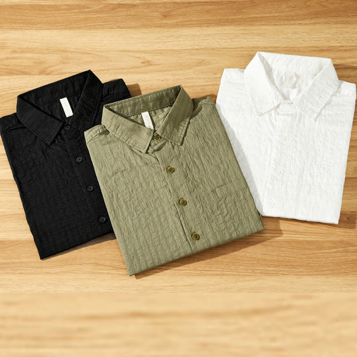 Buddha Stones夏用 無地 通気性 メンズ ボタン 半袖 テンセルシャツ - image 1