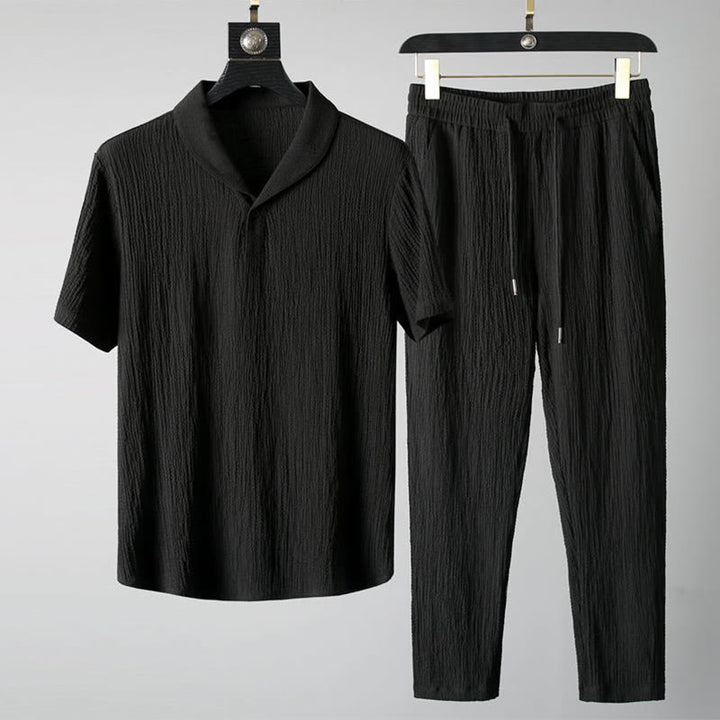 Buddha Stones 2点セット 無地 シワ加工 Vネック 半袖 Tシャツ パンツ 服 メンズ セット - 黒 - US/UK/AU46、 EU56 (5XL) - image 0