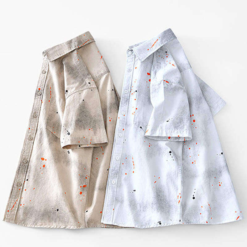 Buddha Stones夏 インク スプラッシュカラー メンズ ボタン 半袖 コットンシャツ - image 19