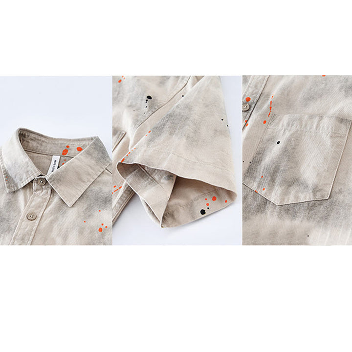 Buddha Stones夏 インク スプラッシュカラー メンズ ボタン 半袖 コットンシャツ - image 9