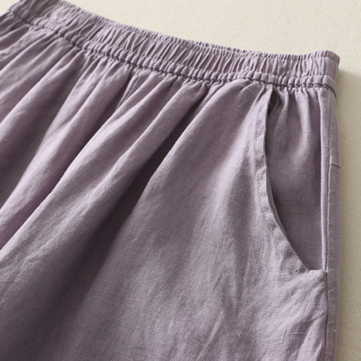 Buddha Stonesサマーデイリー 無地 伸縮性ウエストバンドデザイン レディース ワイドレッグ コットンリネン パンツ ポケット付き - image 5