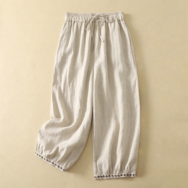 Buddha Stonesカジュアル レトロ ドローストリング 刺繍デザイン レディース コットンリネン 7-8丈パンツ ポケット付き