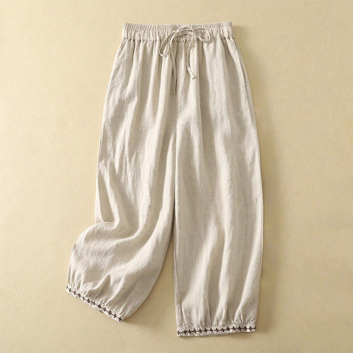 Buddha Stonesカジュアル レトロ ドローストリング 刺繍デザイン レディース コットンリネン 7-8丈パンツ ポケット付き