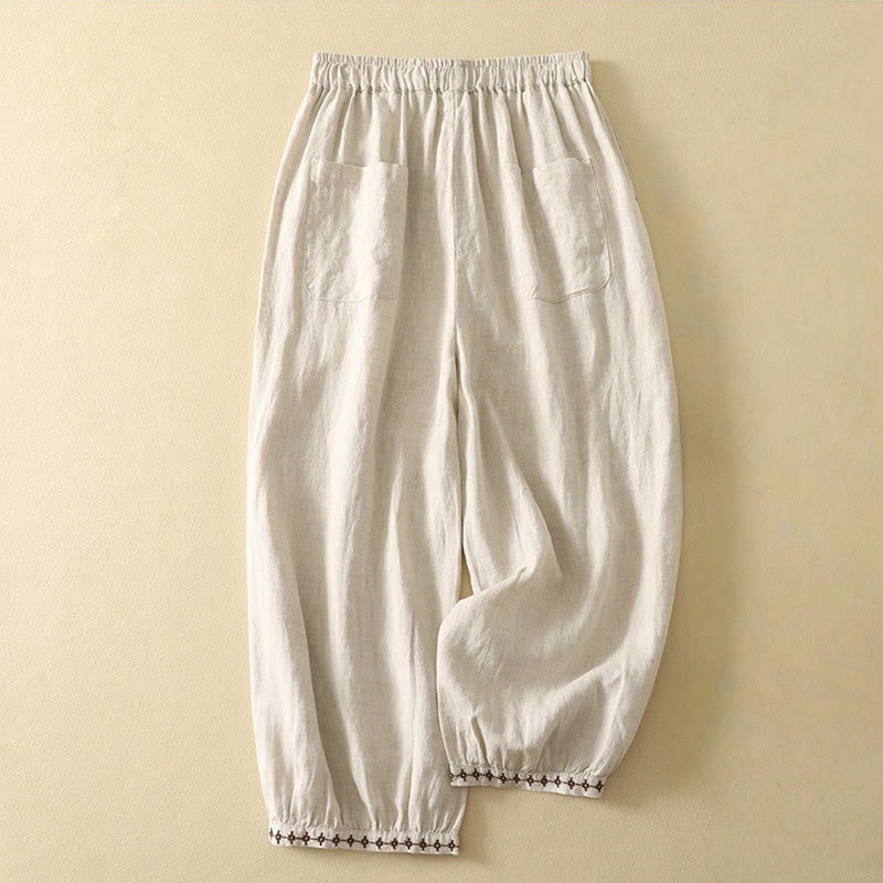 Buddha Stonesカジュアル レトロ ドローストリング 刺繍デザイン レディース コットンリネン 7-8丈パンツ ポケット付き - image 1