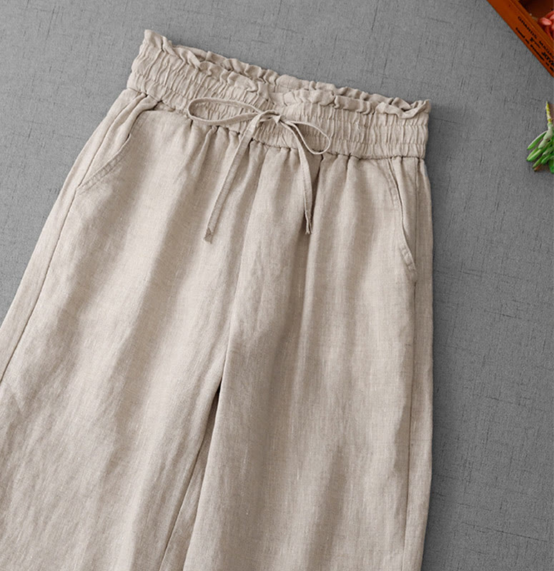 Buddha Stonesカジュアル ハイウエスト フリル ドローストリングデザイン レディース ワイドレッグ コットンパンツ ポケット付き - image 2