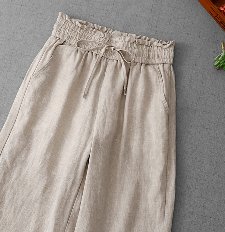 Buddha Stonesカジュアル ハイウエスト フリル ドローストリングデザイン レディース ワイドレッグ コットンパンツ ポケット付き - image 2