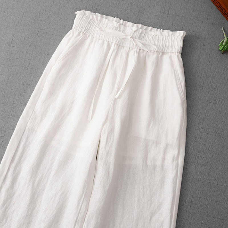 Buddha Stonesカジュアル ハイウエスト フリル ドローストリングデザイン レディース ワイドレッグ コットンパンツ ポケット付き - image 12