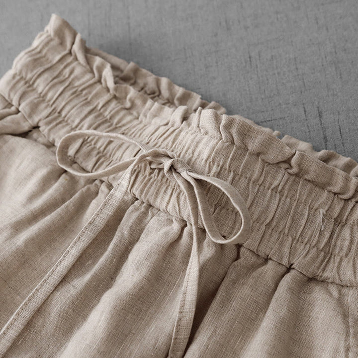 Buddha Stonesカジュアル ハイウエスト フリル ドローストリングデザイン レディース ワイドレッグ コットンパンツ ポケット付き - image 3