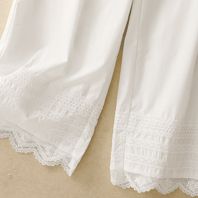 Buddha Stones通勤用 無地 レース パッチワーク ドローストリングデザイン レディース ワイドレッグ コットン アンクル丈 パンツ ポケット付き - image 11