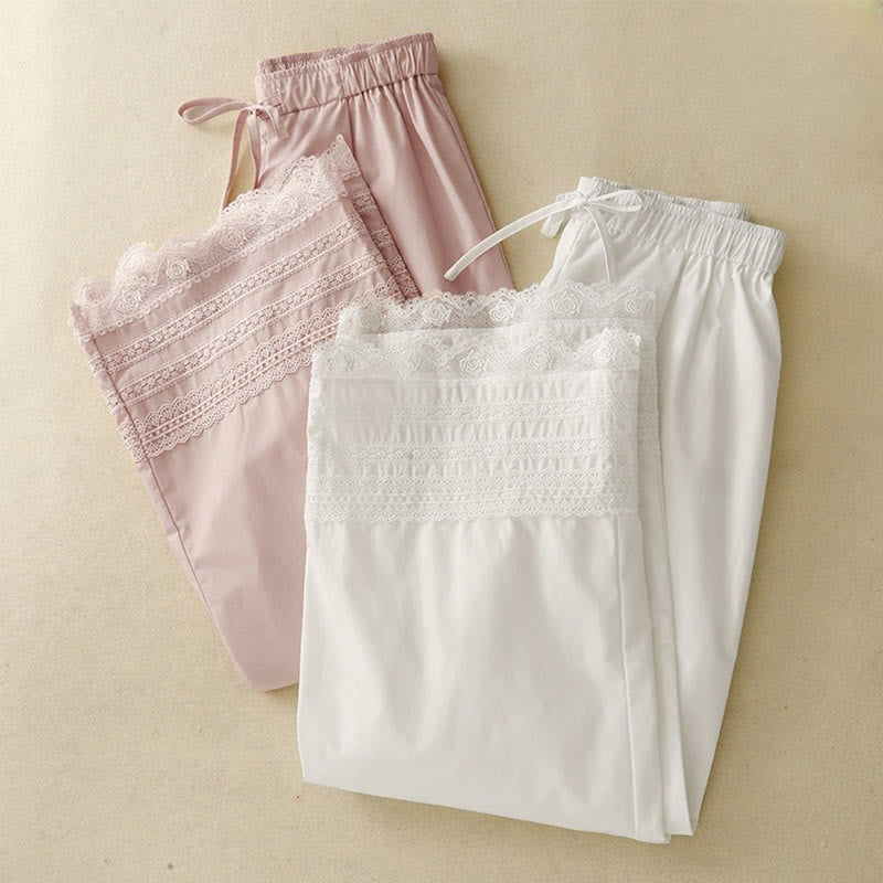 Buddha Stones通勤用 無地 レース パッチワーク ドローストリングデザイン レディース ワイドレッグ コットン アンクル丈 パンツ ポケット付き - image 15