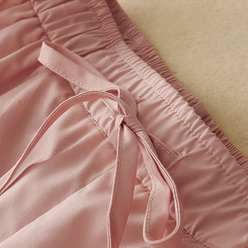 Buddha Stones通勤用 無地 レース パッチワーク ドローストリングデザイン レディース ワイドレッグ コットン アンクル丈 パンツ ポケット付き - image 3