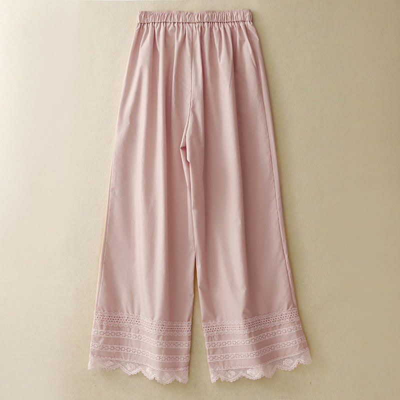 Buddha Stones通勤用 無地 レース パッチワーク ドローストリングデザイン レディース ワイドレッグ コットン アンクル丈 パンツ ポケット付き - image 1